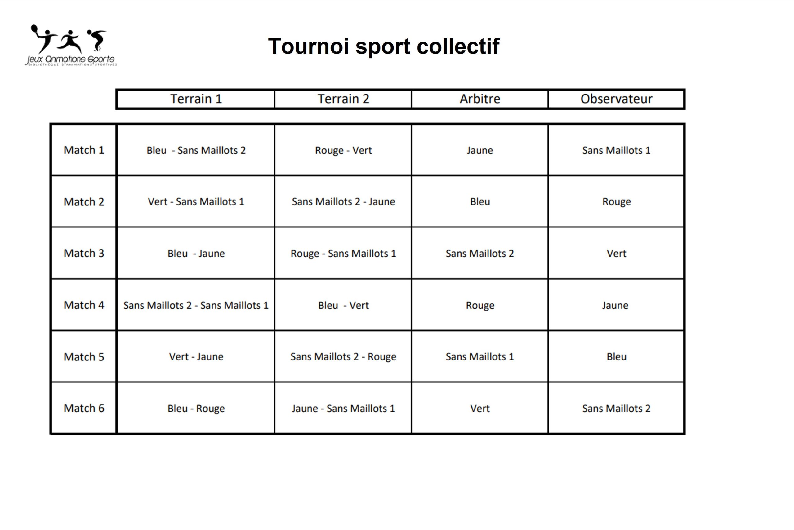 Rotation tournoi sport collectif à 6 équipes avec arbitres et observateurs
